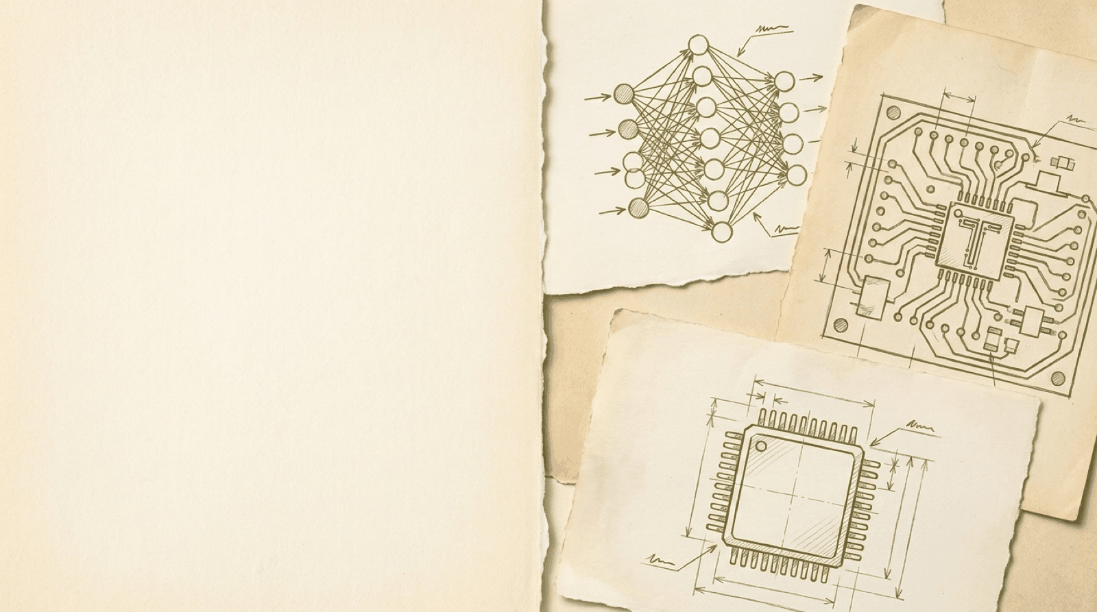 Hand-drawn sketches of a neural network and a circuit board carrying the Triden T chip