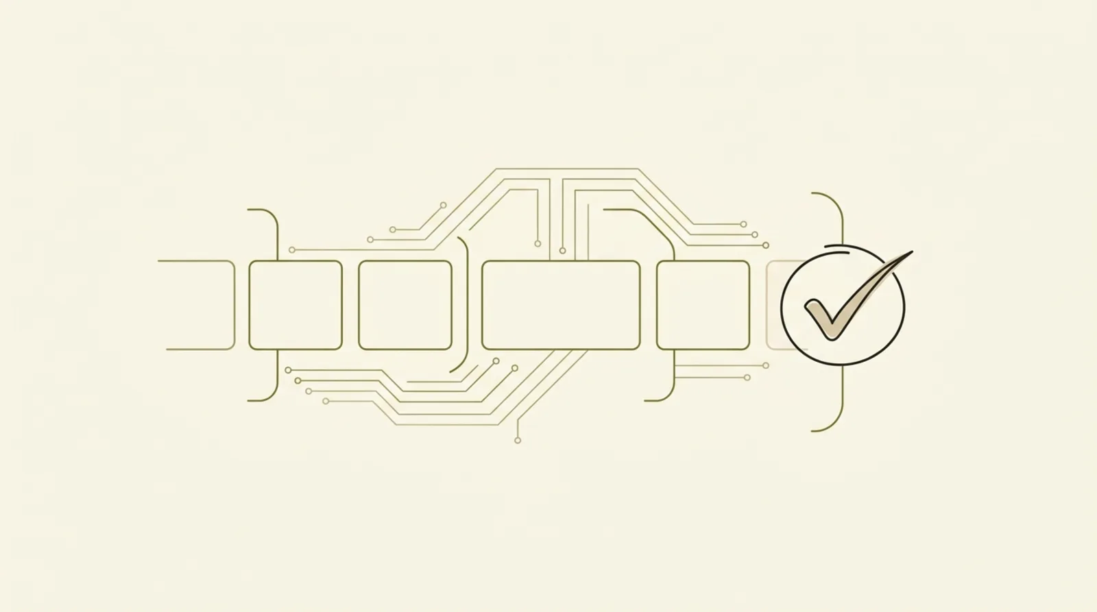 Kanban cards flowing through columns into a human approval checkmark — a human gates the AI